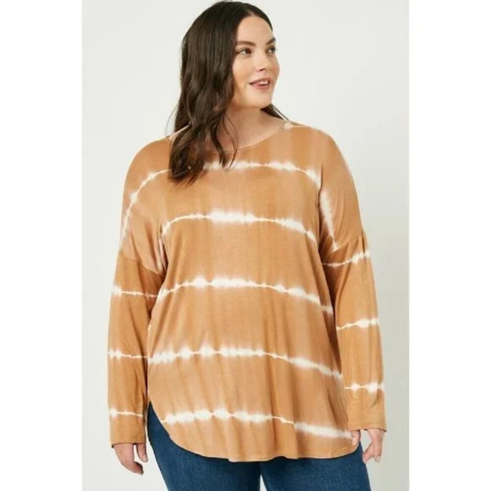 LAST CHANCE Hayden Brown Tie Dye High Low Long Dolman Sleeve Rounded Hem Small